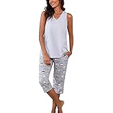 PNAEONG Women's Pajamas Set, Cotton Sleeveless Sleepwear V Neck Top Capri Pants with Pockets Soft Loungewear S-XXL