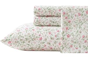 Laura Ashley - Full Sheet Set, Super Soft Cotton Percale Bedding Set with Matching Shams, Oeko-Tex Certified (Bonnie Pink, Full)