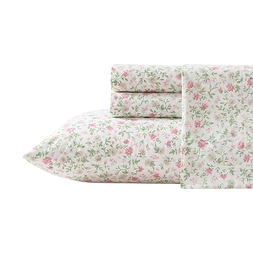 Laura Ashley - Full Sheet Set, Super Soft Cotton Percale Bedding Set with Matching Shams, Oeko-Tex Certified (Bonnie Pink, Full)