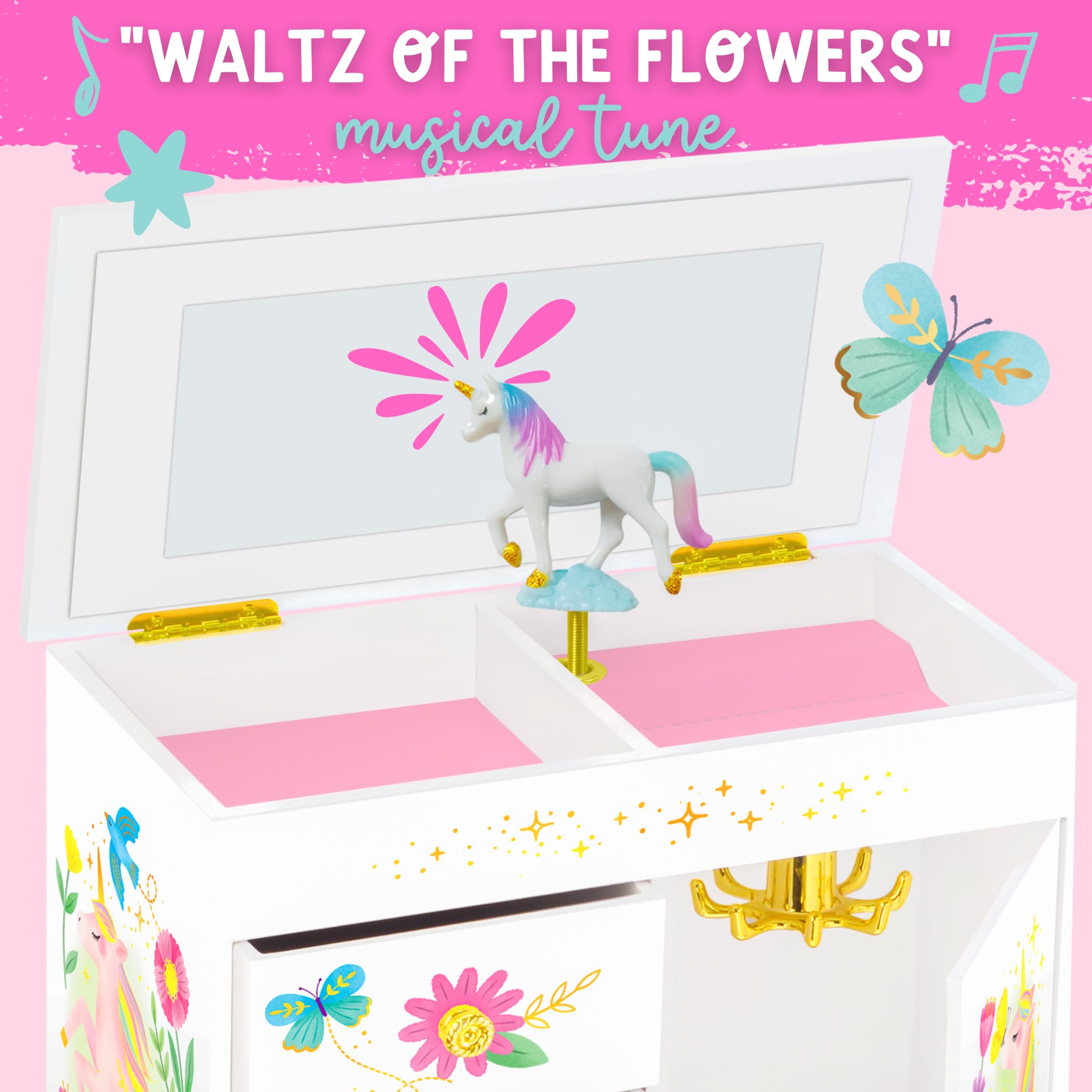 Giggle & Honey Unicorn Musical Jewelry Box for Girls - Unicorn Toys for Girls Age 4-6 - Kids Jewelry Box with Drawers - 9 x 5 x 9.3 in