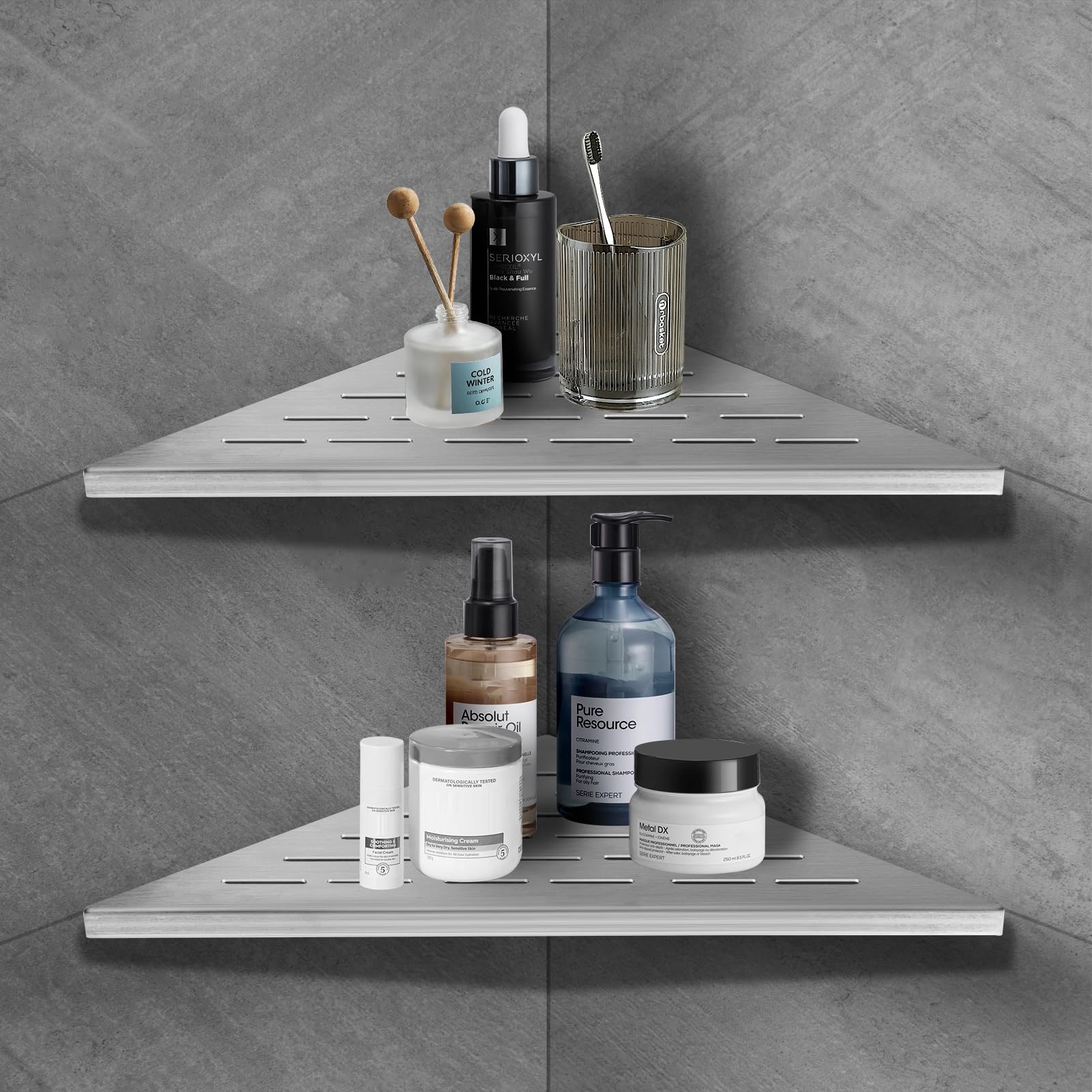 iYueMps Shower Corner Shelf Stainless Steel Shower Caddy Bathroom Corner Shelves Storage Wall Mounted Tiles Recessed for Bathroom, Kitchen,Toilet (Silver-2Pcs)