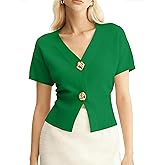 VATEAMI Cardigan Sweaters for Women V Neck Short Sleeve Gold Button Down Knitted Sweater Trendy Tops