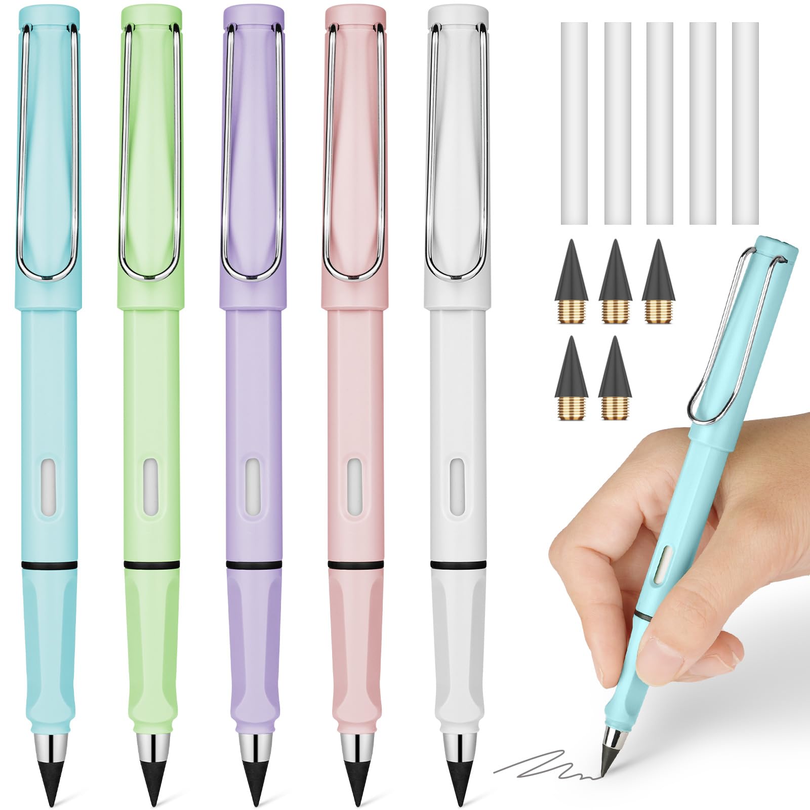 Ainiv 5 pieces inkless pencils eternal, infinity pencil with 5 erasers and 5 interchangeable heads, reusable portable pencil for writing, drawing, students, home, office, school