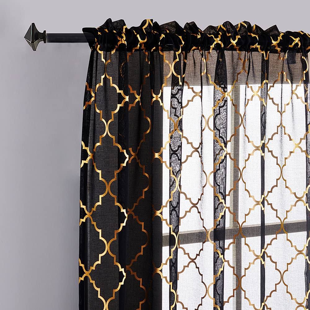 YJ YANJUN Black and Gold Curtains for Bedroom- Metallic Moroccan Tile Print Black Sheer Curtains 63 inch Length 2 Panels,52 x 63 Inch,Black Gold