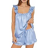GraceSelect Satin Pajamas for Women Set 2 Piece Cute Ruffle Tank Top and Shorts Pjs Silk Bridal Sleepwear Set Sexy Nightwear
