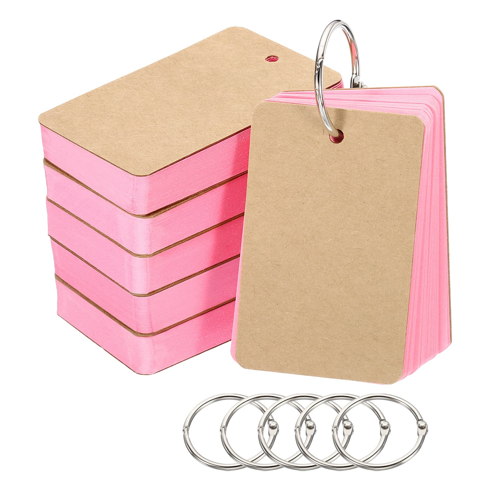 PATIKIL 3.5" x 2" Blank Flash Cards with Rings, 300 Pack Study Cards Index Cards Note Card Pre Hole Punched for Learning, Pink