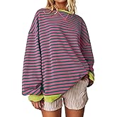 UEU Women Oversized Striped Crewneck Sweatshirt Long Sleeve Color Block Pullover Tops Casual Loose Workout Shirt