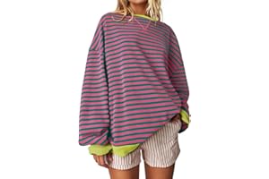 UEU Women Oversized Striped Crewneck Sweatshirt Long Sleeve Color Block Pullover Tops Casual Loose Workout Shirt