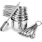 13-piece Measuring Cups and Spoons Set, 18/8 Stainless Steel Heavy Duty Ergonomic Handle with Ring Connector, Silver