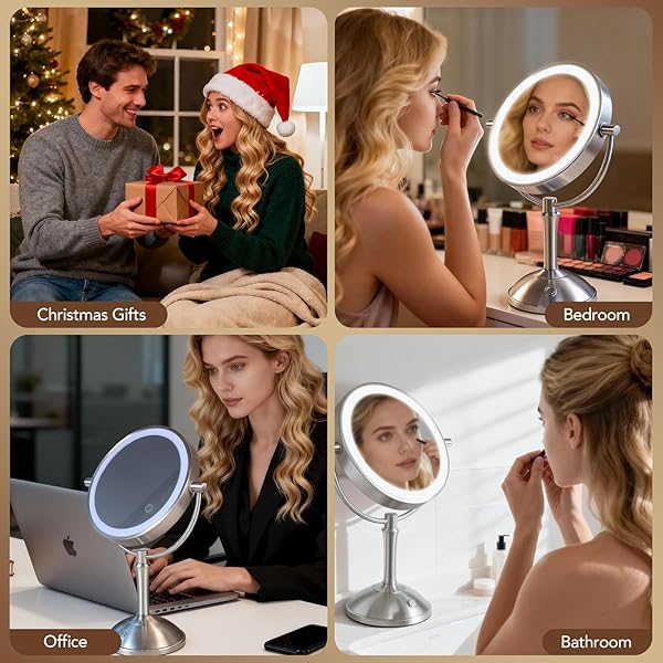 PJE VANITY MIRROR WITH LIGHTS,360 MIRROR MAGNIFYING MIRROR WITH LIGHT 10X,3 LIGHT SETTINGS RECHARGEABLE MAKEUP MIRROR,DIMMABLE TOUCH CONTROL TABLETOP MAKEUP MIRRORS WITH LIGHTS FOR HOME,HOTEL & SALON