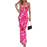 BTFBM Spring Dresses for Women 2026 Strapless Maxi Ruched Bodycon Floral Ruffle Cocktail Formal Wedding Guest Dress