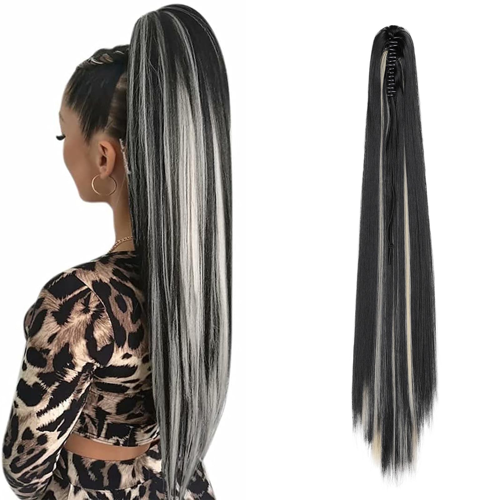 Cybelleza 22inch Ponytail Hair Extensions Ponytail Claw Jaw on Long Straight Pony Tails Clip in Hair Extensions Synthetic Hair pieces for Women (Black & Bleach Blonde)