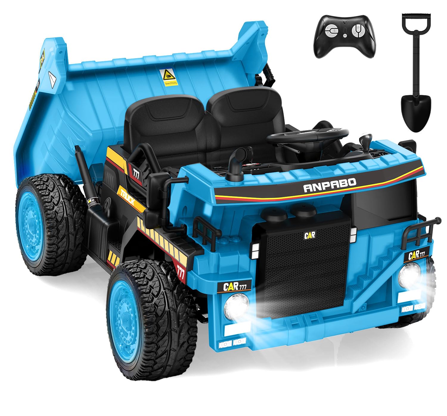 ANPABO 24V Ride On Dump Truck, 2X75W Powerful Motors, Up to 4.4Mph, EVA Tires, Construction Vehicle w/Electric Dump Bed and Extra Shovel, 19" Spacious 2 Seater, Kids Car w/Parent Remote -Blue
