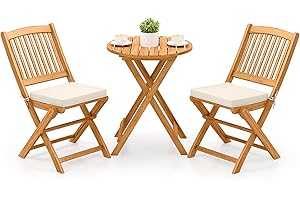 Tangkula 3 Pieces Acacia Wood Patio Folding Bistro Set, Outdoor Table and Chairs Set with Soft Cushions, Patio Furniture Set for Porch, Balcony, Garden, Deck and Backyard