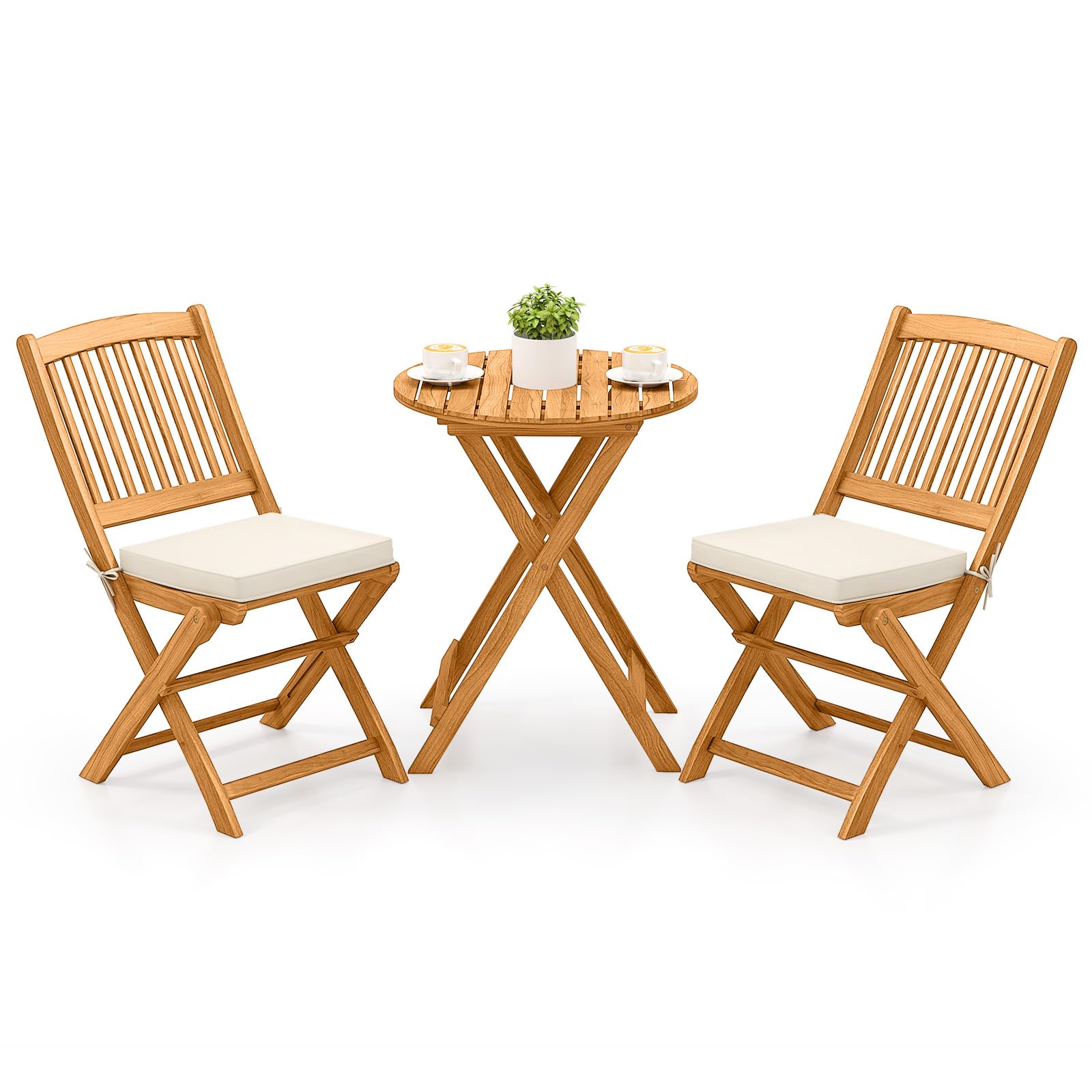 COSTWAY 3tlg. Balkonmöbel Set, Bistrotisch mit 2 Stühlen, klappbares Balkonset aus Akazienholz mit 2 Kissen, Bistroset, Gartengarnitur, Gartenmöbel, Sitzgarnitur, Sitzgruppe für Garten, Balkon (Beige)