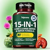 HojaSana Liver Cleanse Detox &amp; Repair Milk Thistle 80% Silymarin 60 Caps | Milk Thistle 80% Silymarin with Glutathione, NAC, Turmeric, Artichoke and Reishi. 15-in-1 Liver Support Formula, 60 Capsules.