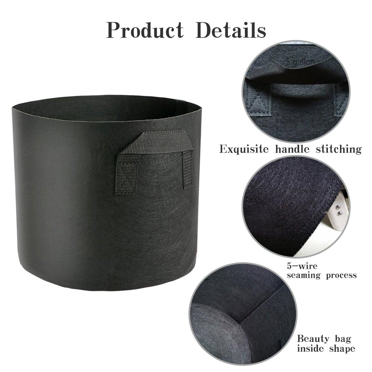 Ndier 5 Pack Plant Growing Bag Planter Bags with Handle Straps Aeration Fabric Pots , Non-woven Breathable Permeable Degradable (Black) (3 gallon)