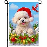 IVN Christmas Garden Flag 12x18 Inch Double Sided Bichon Frise Dog with Santa Hat and Red bird Outdoor Yard Flag for Outside Home Front Door Lawn Porch Patio Welcome Decor