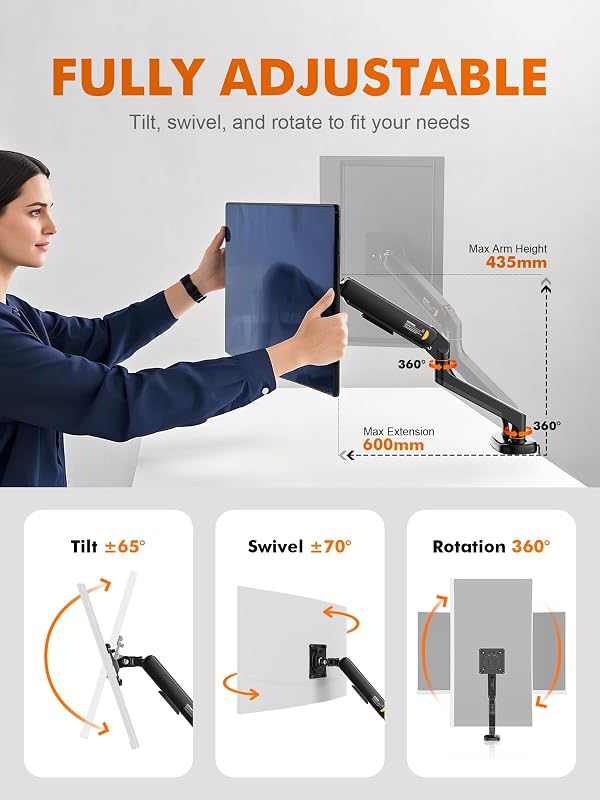 Supporto Doppio Monitor a Gas per Scrivania - Braccio Regolabile per 2 Schermi 13"-27", Altezza e Inclinazione Regolabile, Rotazione 360°, Carico 9kg, Base a C/foro per tavolo, VESA 75/100mm