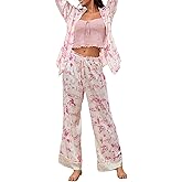 BHMAWSRT Womens 2 Piece Outfit Satin Pajamas Floral LongSleeve Button Shirt with Pants Pjs Sleepwear