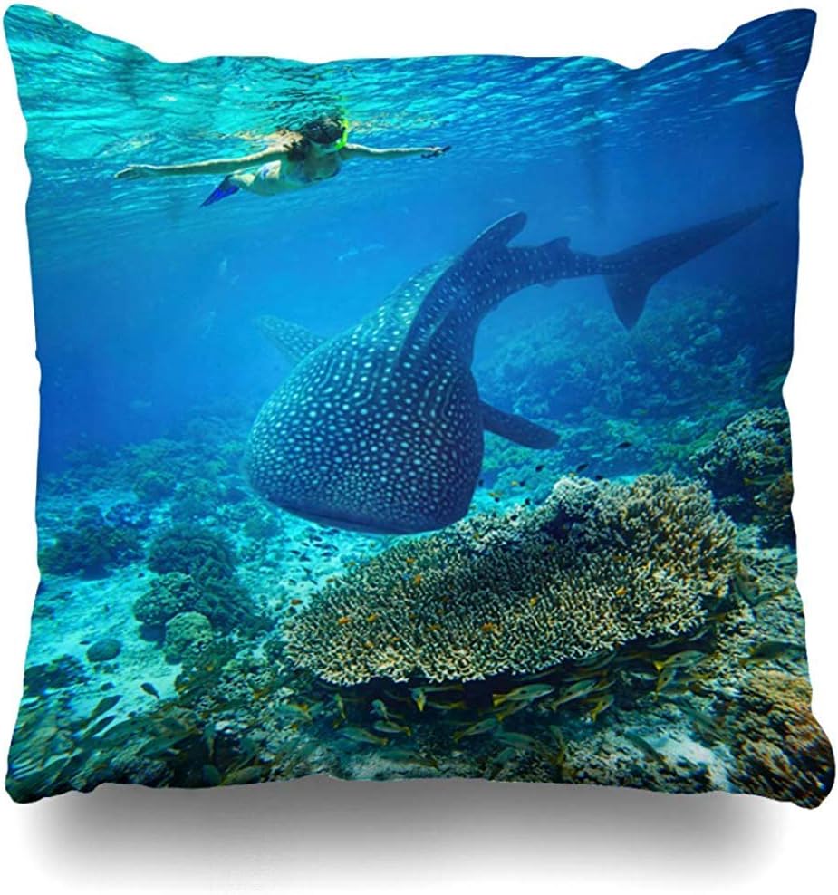 Throw Pillow Case Swimming Blue Shark Young Snorkeling Underwater Looks Endangered Large Whale Sports Recreation Cebu Home Decor Pillow Cover Square Size 18x18 Inches Zippered Pillowcase