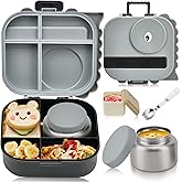 Pawtong Bento Lunch Box with Thermo, 4-Compartment Bento Box with Adjustable Dividers, Leakproof Dinosaur Lunch Box with 14.2OZ Insulated Food Jar & Sauce Jar, for School Office Travel(Grey)