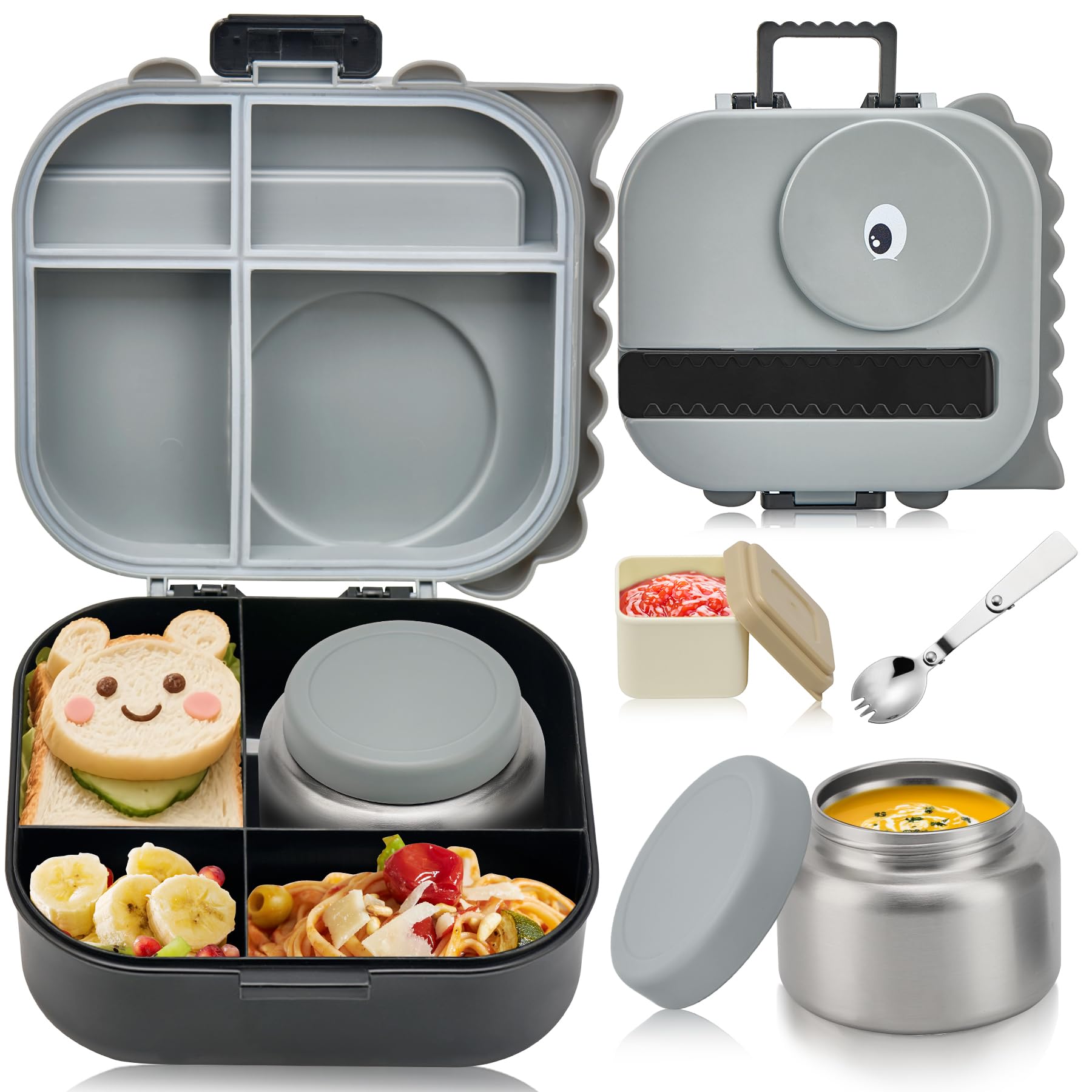 Photo 1 of Pawtong Bento Lunch Box with Thermo, 4-Compartment Bento Box with Adjustable Dividers, Leakproof Dinosaur Lunch Box with 14.2OZ Insulated Food Jar & Sauce Jar, for School Office Travel(Grey)