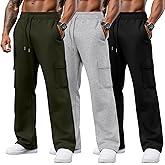 August Alley 3 Pack Men's Cargo Sweatpants Drawstring Thin Straight Leg Pants Casual Baggy Open Bottom Jogger with Pockets