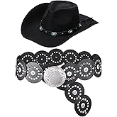 Chicingyou Western Wide Brim Hat and Cowgirl Belt Sets for Women Turquoise Vintage Boho Disc Outfit Accessories