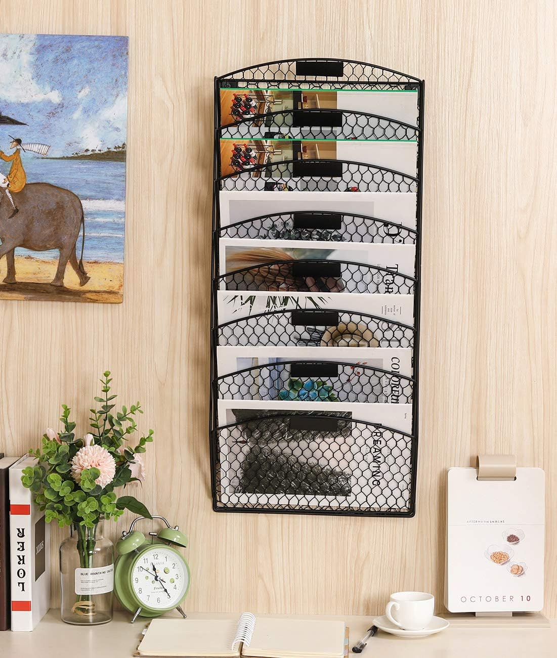 TQVAI 3 Tier Wall Hanging File Holder Chicken Wire Wall Mount File Rack Folders, White : Office Products