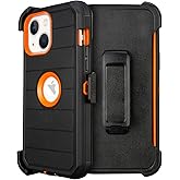for Defender iPhone 15 Case with Clip,Full-Body Rugged,3 Layers of Sturdy,with Port Protection,Heavy Duty iPhone 15 Phone Case with Holster Clip,Black&Orange