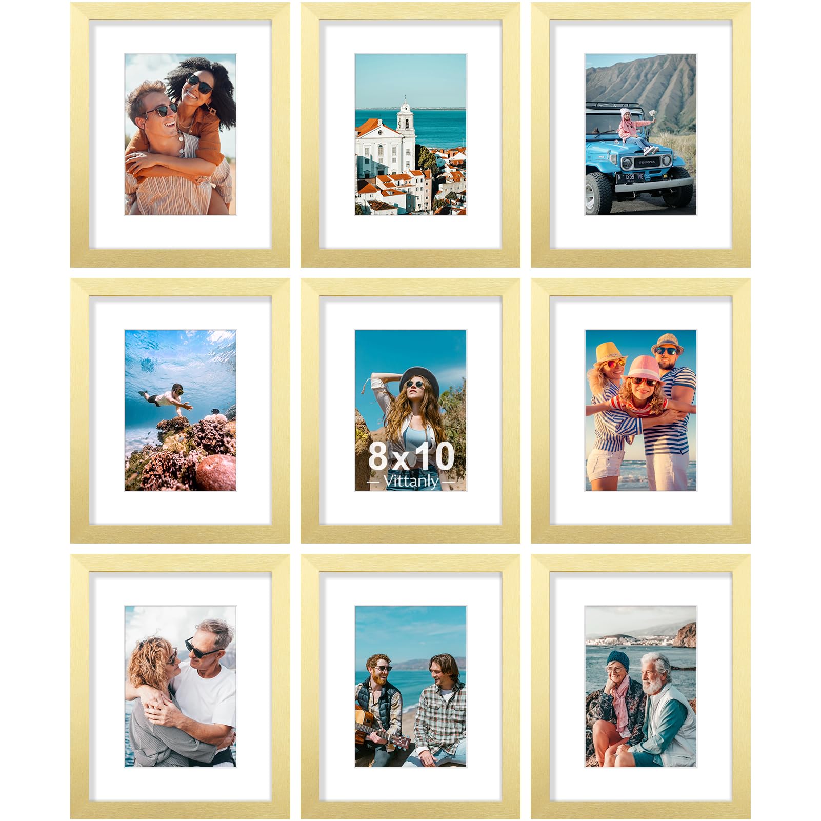 Vittanly 8x10 Picture Frames Set of 9, Shatter Resistant Plexiglass, Display 5x7 Pictures with Mat or 8x10 without Mat, Photo Frames for Wall or Tabletop, Engineered Wood, Gold Image Vittanly 8x10 Picture Frames Set of 9, Shatter Resistant Plexiglass, Display 5x7 Pictures with Mat or 8x10 without Mat, Photo Frames for Wall or Tabletop, Engineered Wood, Gold Image