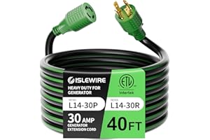 ISLEWIRE 4 Prong 30 Amp Extension Generator Cord 40FT, NEMA L14-30P/L14-30R, 125/250 Volt Up to 7500 Watts, 10 Gauge SJTW Twist Lock Power Cord for Manual Transfer Switch, Black&Green, ETL Listed