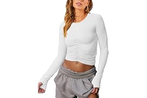 Vivitulip Women’s Long Sleeve Shirts Basic Fall Ruched Slim Fitted Crop Tops Tight Athletic Blouse with Thumb Holes