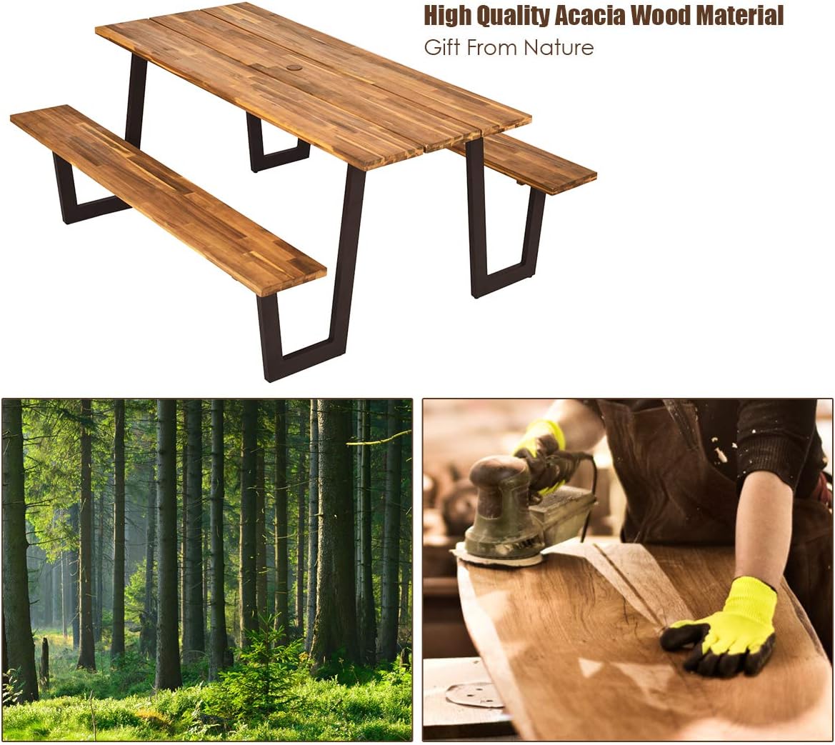Giantex Picnic Table Bench Set with Umbrella Hole, Outdoor Dining Table Set, 70” Acacia Wood Picnic Beer Table with Metal Frame (Natural & Black): Kitchen & Dining