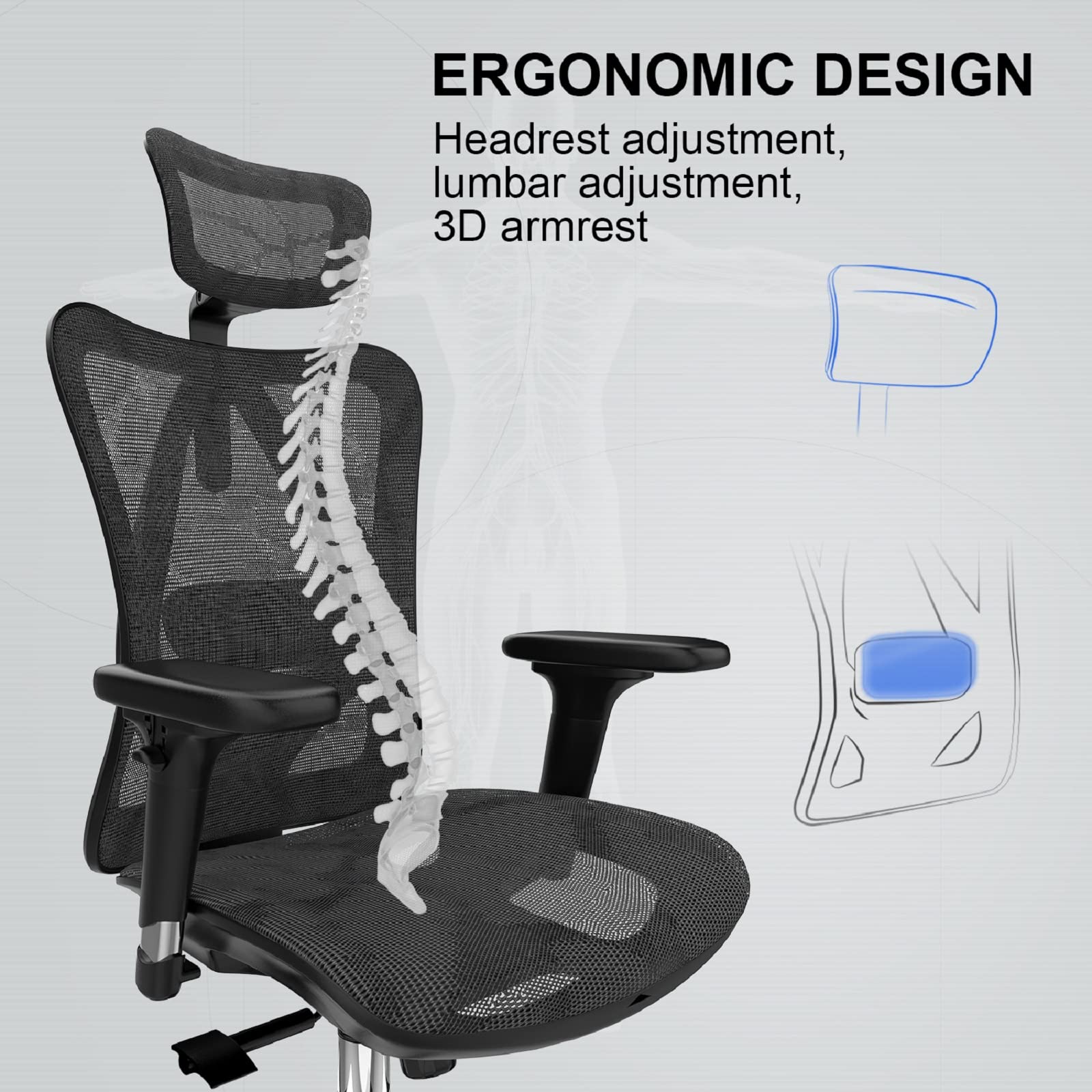 SIHOO Ergonomic Office Chair Mesh Desk Chair with Adjustable Lumbar Support 3D Armrests Breathable High Back Computer Chair (Black)