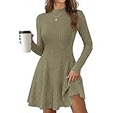 KIRUNDO Sweater Dress for Women 2026 Spring Fall Long Sleeve Mock Turtleneck A Line Fit and Flare Ribbed Knit Short Dresses