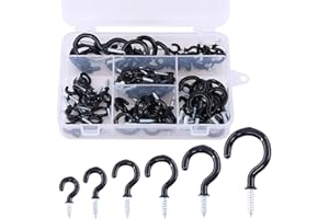Glarks 100-Pieces 6 Sizes Black Vinyl Coated Cup Hooks Screw-In Ceiling Hooks Screw Hooks Mug Hooks Hangers Assortment Kit fo
