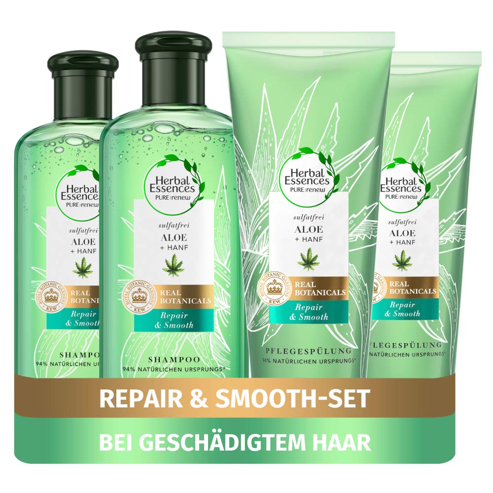 Herbal Essences Pure: Renew Hair Care Set: 2 x Repair & Smooth, Sulphate-free Shampoo 225 ml + 2 x Conditioner 180 ml, with Aloe Vera + Hemp, Women's Shampoo, No Silicone, Cruelty Free