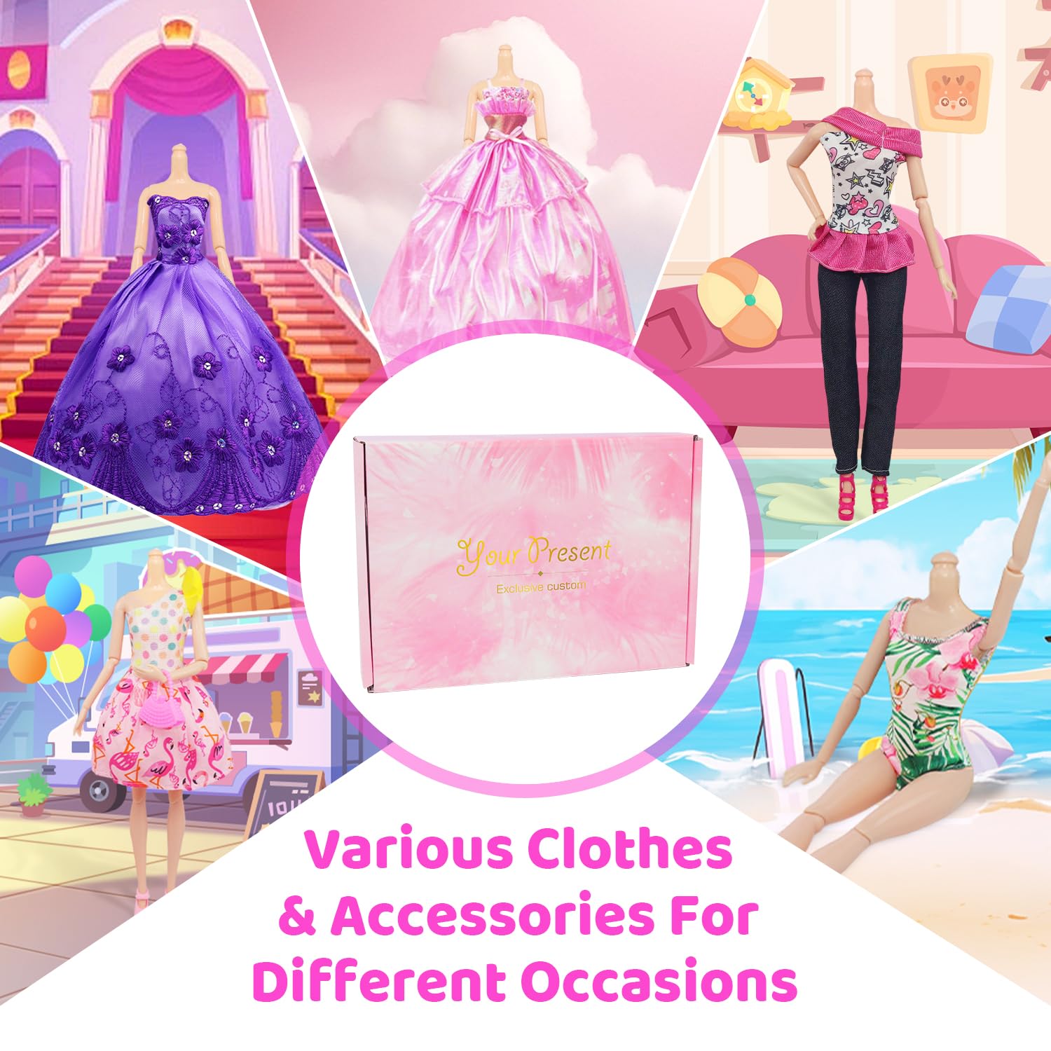 Ecore Fun 101 Pcs Doll Clothes and Accessories Set for 11.5 Inch Dolls - 5 Wedding Gowns 12 Fashion Dresses 2 Tops 2 Pants 2 Swimsuits 10 Shoes and Other Accessories Dress up Toys for Girls Kids