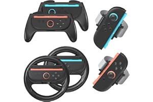 YK YOUNIK Younik 6 in 1 Switch 2 Accessories Bundle with 2 PCS Steering Wheel, 2 PCS J-con Grip and 2PCS Wrist Strap for NS Switch 2 (2025), Game Accessories for Family and Friends Gatherings