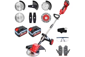 WILIBUT Electric Weed Wacker with Wheel, 3-in-1 Brushless Brush Cutter/String Trimmer/Grass Trimmer/Lawn Mower, 9" Cordless Weed Eater Battery Powered, 2 * 2000mAh Battery, 4 Blade and Charger