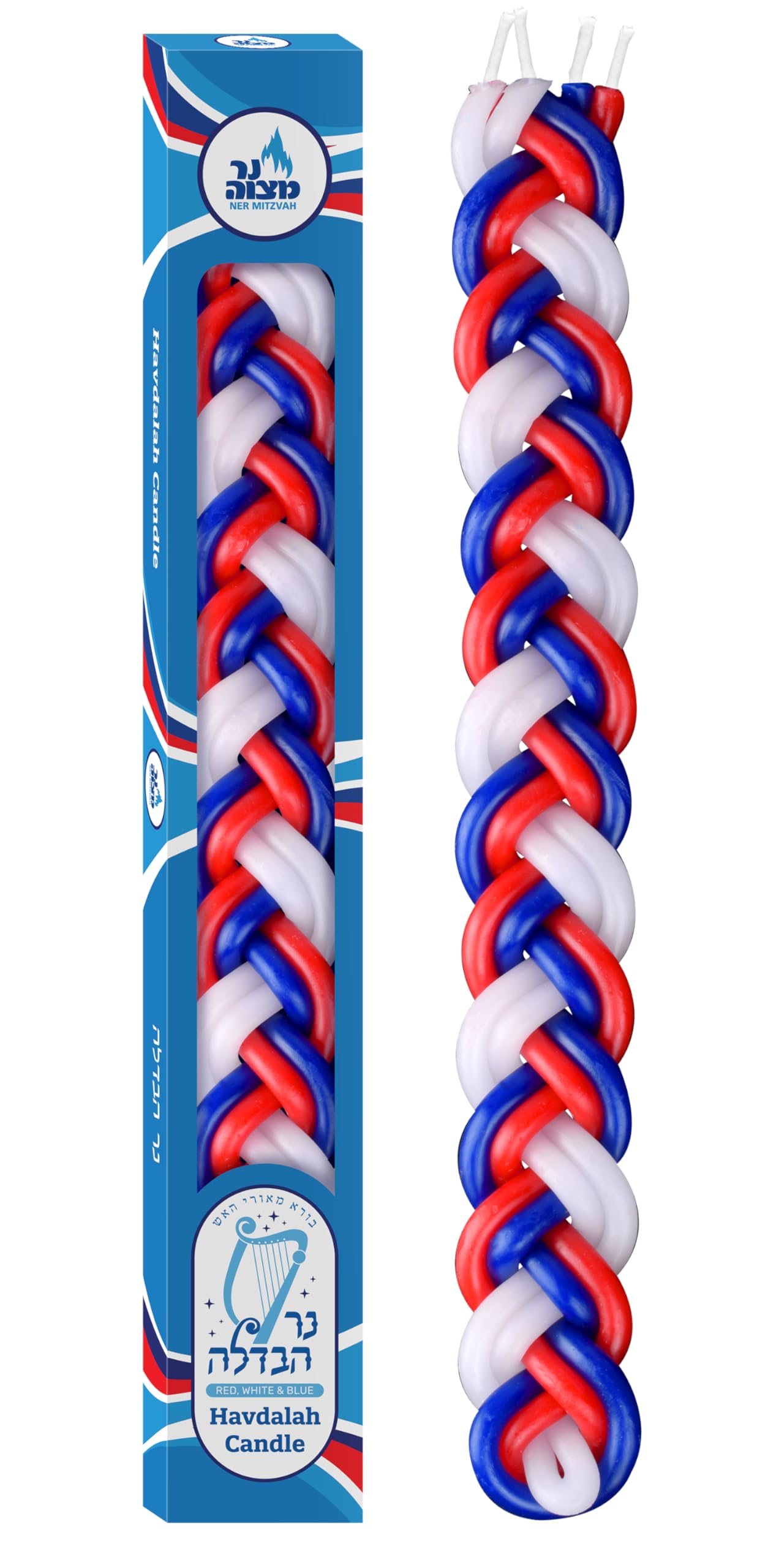Ner Mitzvah Braided Havdalah Candle - Flat Red, Blue and White Paraffin Wax - Handcrafted Havdallah Candle - Shabbat Judaica Gift