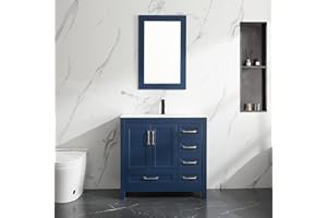 LUCKWIND 36” Bathroom Vanity with Sink, Modern Painted Bathroom Storage Cabinet with Ceramic Basin Sink Top, Faucet and Drawer, Navy Blue