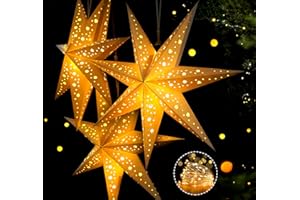 HOUISM 3PCS Paper Star Lanterns with Lights, 17inch Christmas Paper Lanterns Star Paper Lamp Shade Hanging Fairy Lights Ornaments for Holiday Wedding Party Home Window Decor