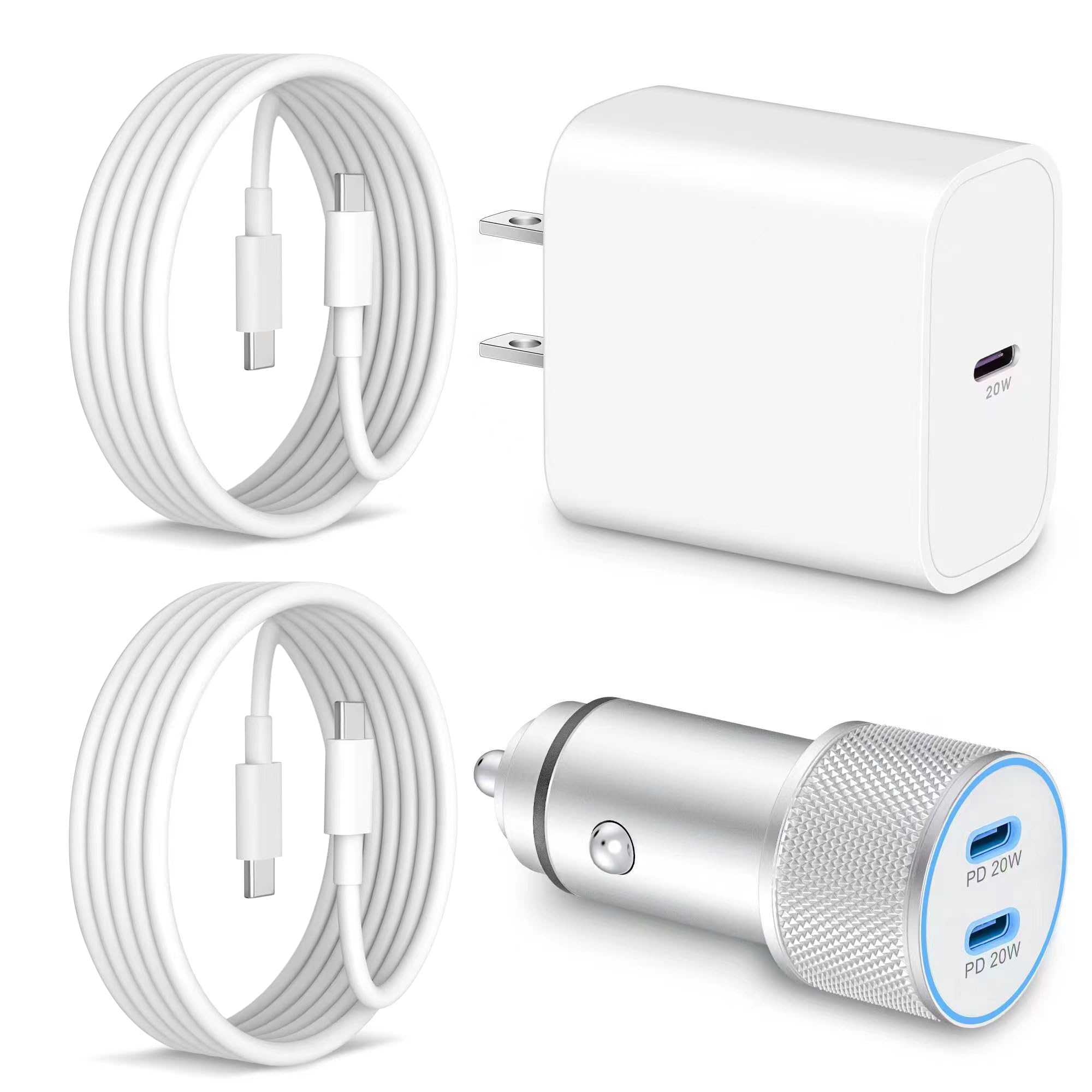iPhone 17/17 Pro Max Car Charger Fast Charging, 40W Dual Port Fast USB C Car Charger Adapter + Type C Charging Block + 2x3FT USB C Cable Cord for iPhone 17/17 Pro/16/16 Pro Max/15/15 Pro/Plus, iPad
