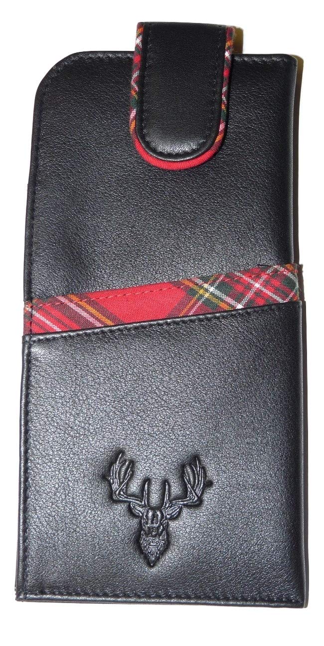 Mala Leather Braemar Glasses case soft leather wide tab top unisex tartan (Black)