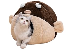 LCYBEM Cat Beds for Indoor Cats - Cat Bed Cave with Removable Washable Cushioned Pillow, Soft Plush Premium Cotton No Deformation Pet Bed, Lively Pufferfish Cat House Design, Brown, Multiple Sizes(L)