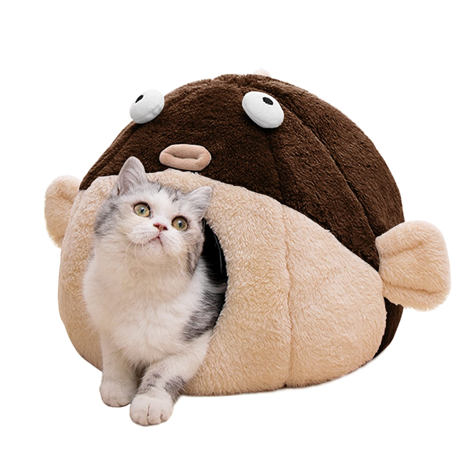 Photo 1 of Cat Beds for Indoor Cats - Cat Bed Cave with Removable Washable Cushioned Pillow, Soft Plush Premium Cotton No Deformation Pet Bed, Lively Pufferfish cat House Design, Brown, Multiple Sizes