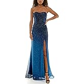 Violet Weekend Womens Strapless Sweetheart Neck Corset Top Glitter Ombre High Slit Gown